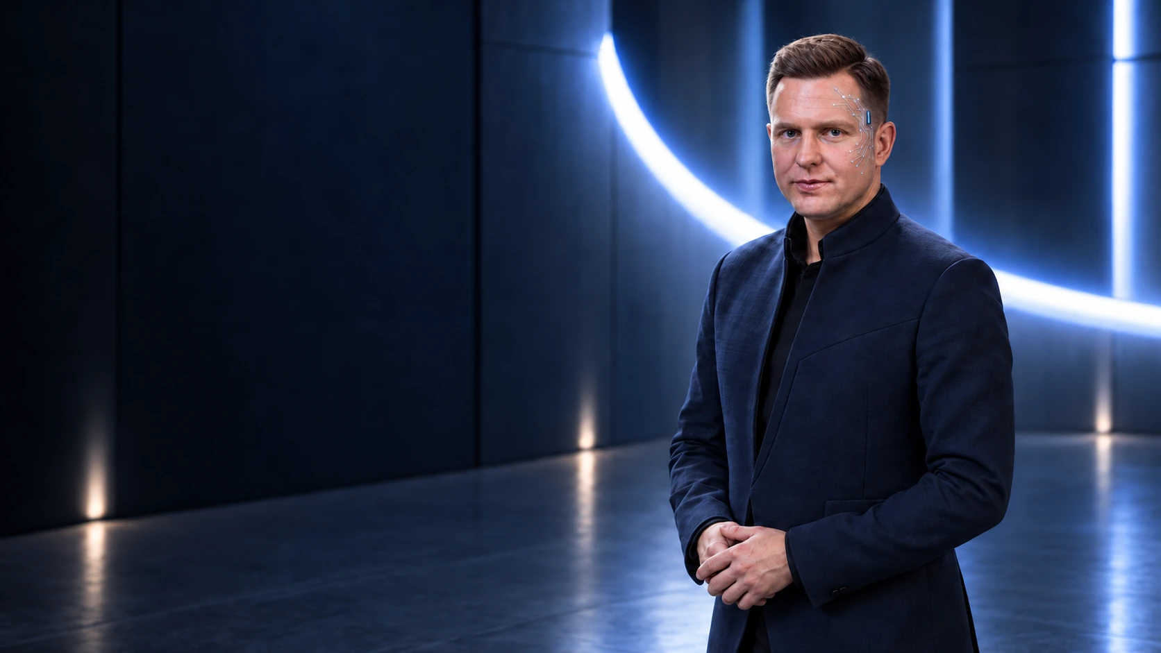 Grzegorz Kolasiński w futurystycznej marynarce, z delikatnymi liniami na skroni, w granatowym wnętrzu