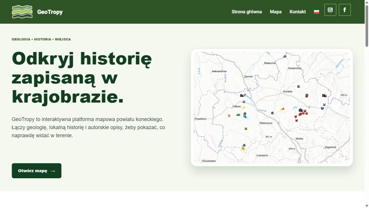 Strona GeoTropy z hasłem o historii krajobrazu i podglądem mapy miejsc
