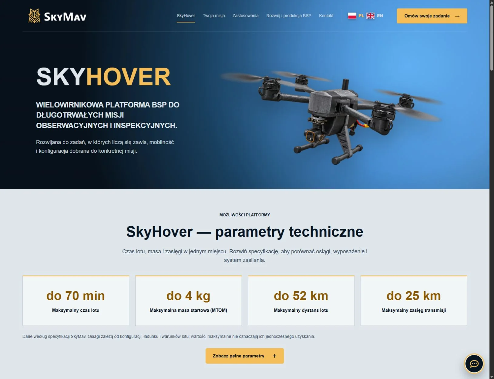 Strona SkyHover z wizualizacją drona i prezentacją platformy BSP