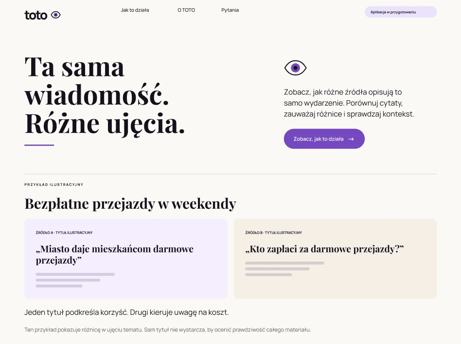 Robocza makieta ToTo: Ta sama wiadomość. Różne ujęcia. Projekt w przygotowaniu.